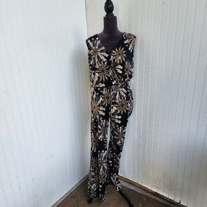 Veronica M Women's Jumpsuit Black Boho Tan Feather Print Stretch Sleveless L